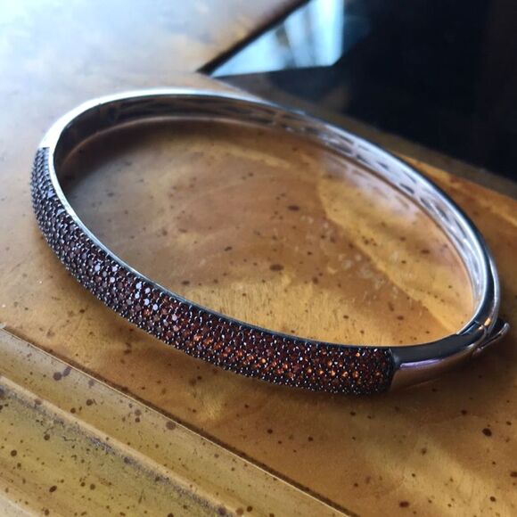 Natural Red Garnet Sterling Silver Bangle Bracelet - Picture 2 of 7